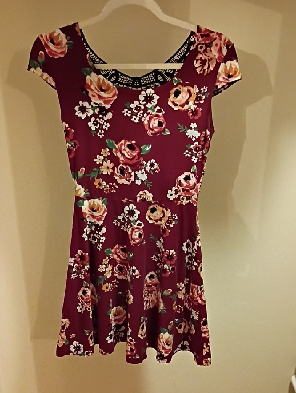 No Boundaries Burgundy Floral Lace-Trim Skater Dress | Size S